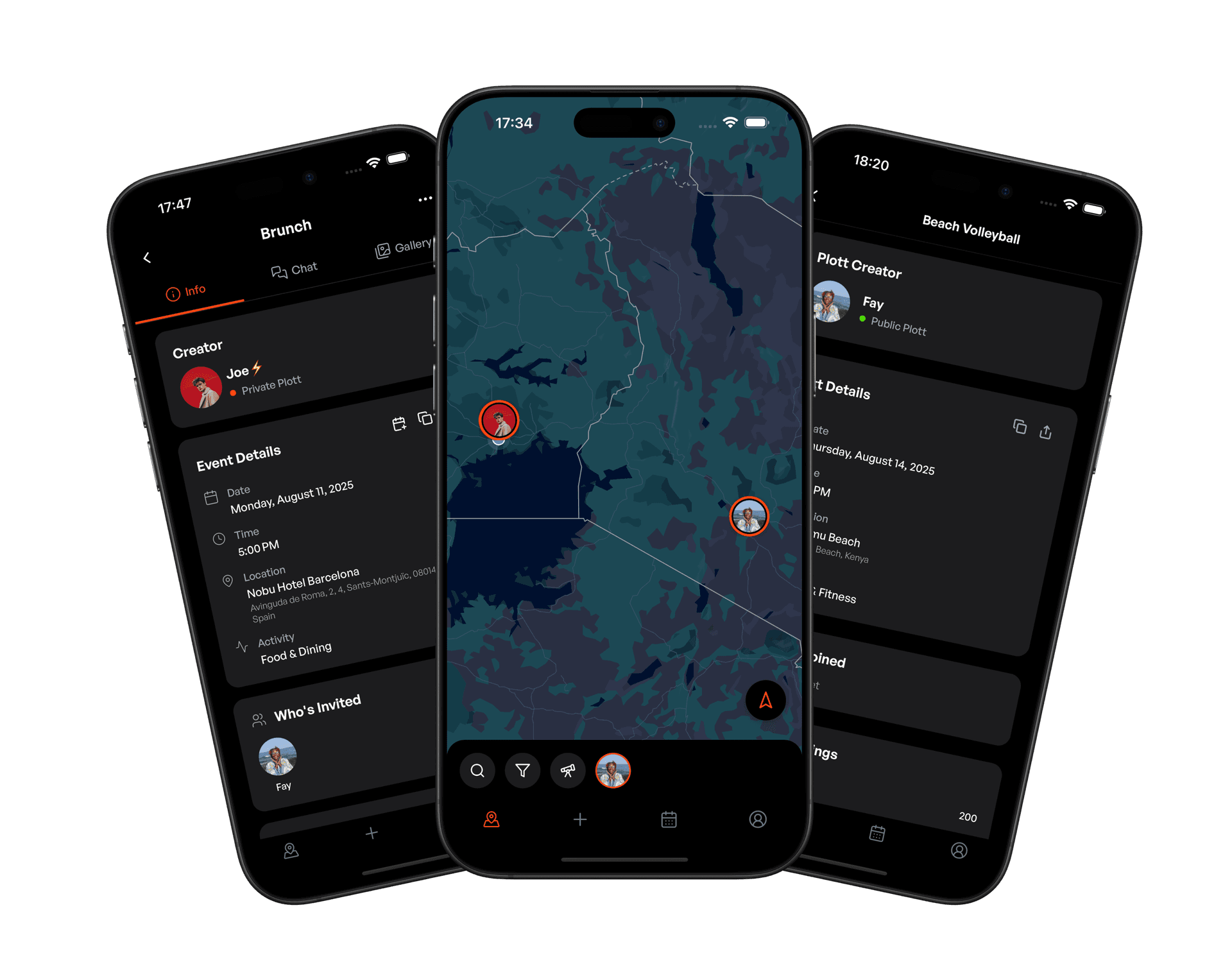 Plott app interface showing events and social features